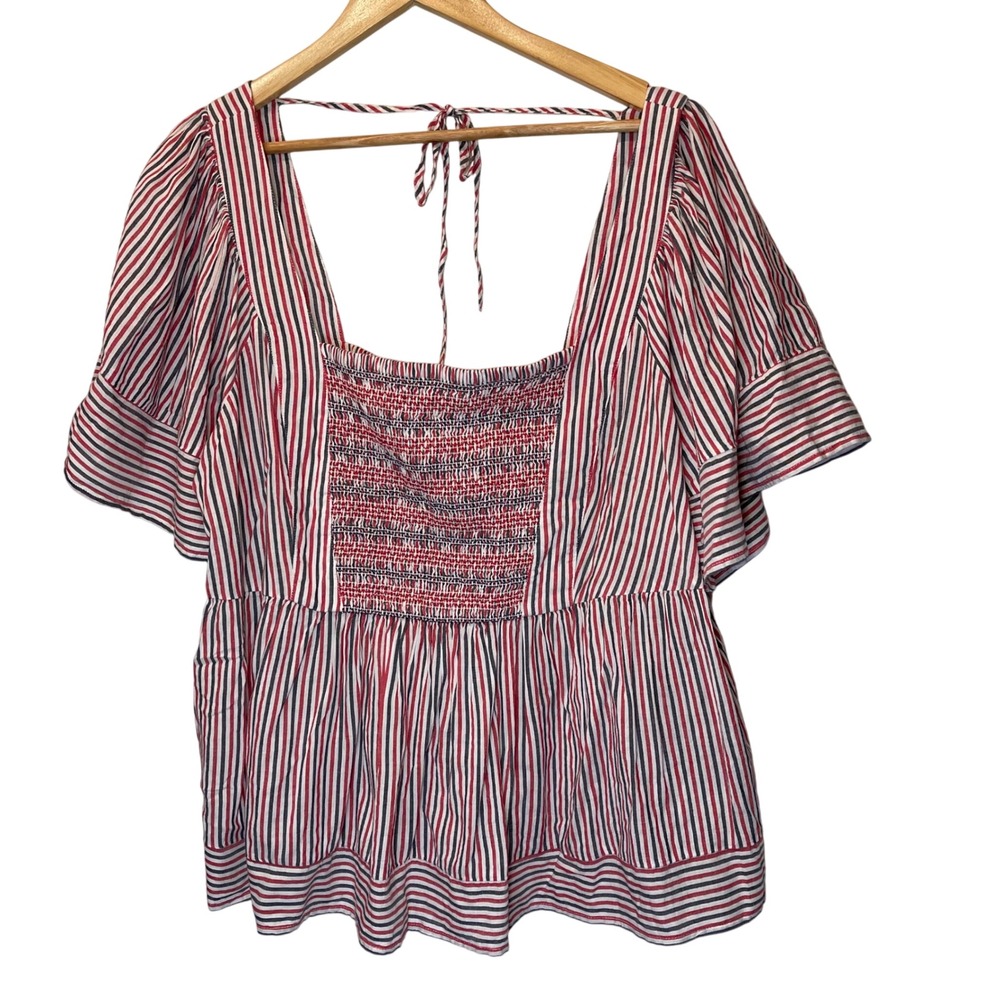 Old Navy Striped Square Neck Smocked‎ Flutter Sleeve Peasant Blouse Top 2X Red